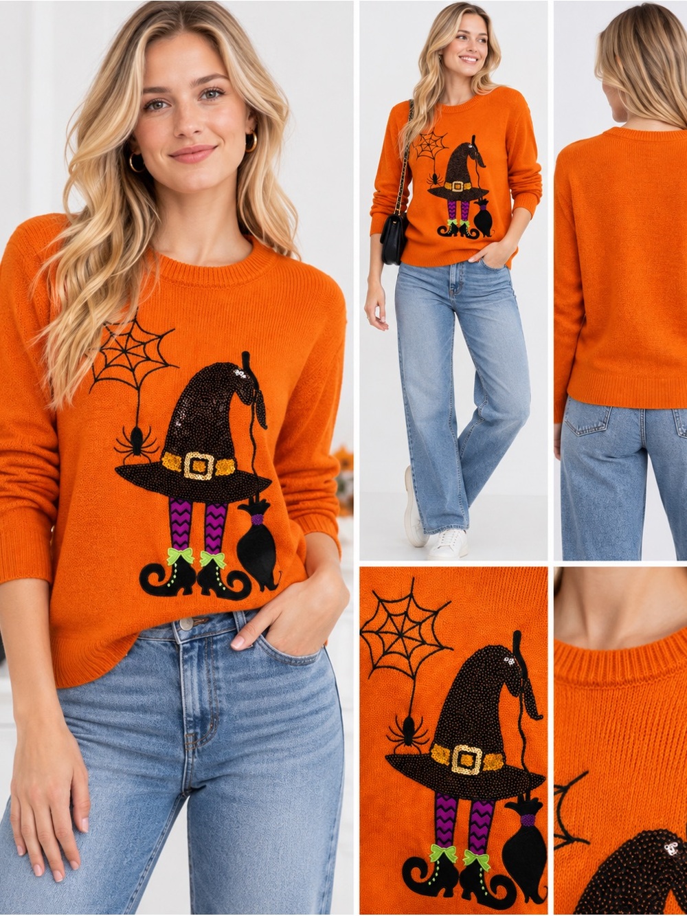 POOF Orange Sequin Witch Cat Halloween Sweater M NWOT